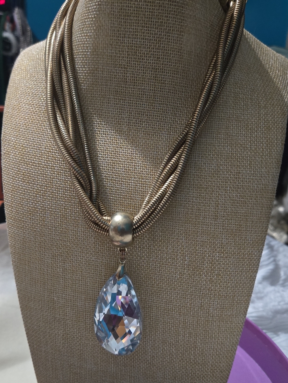 Crystal Teardrop Pendant Necklace - Goldtone Multi-Strand